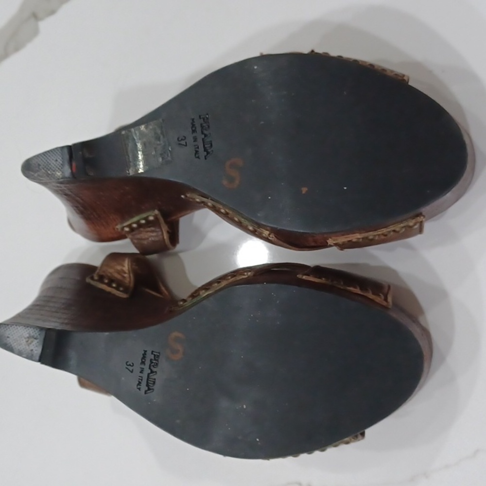 Prada Gold/Bronze Metallic Wooden Wedge Heels EU 37 - Picture 11 of 13